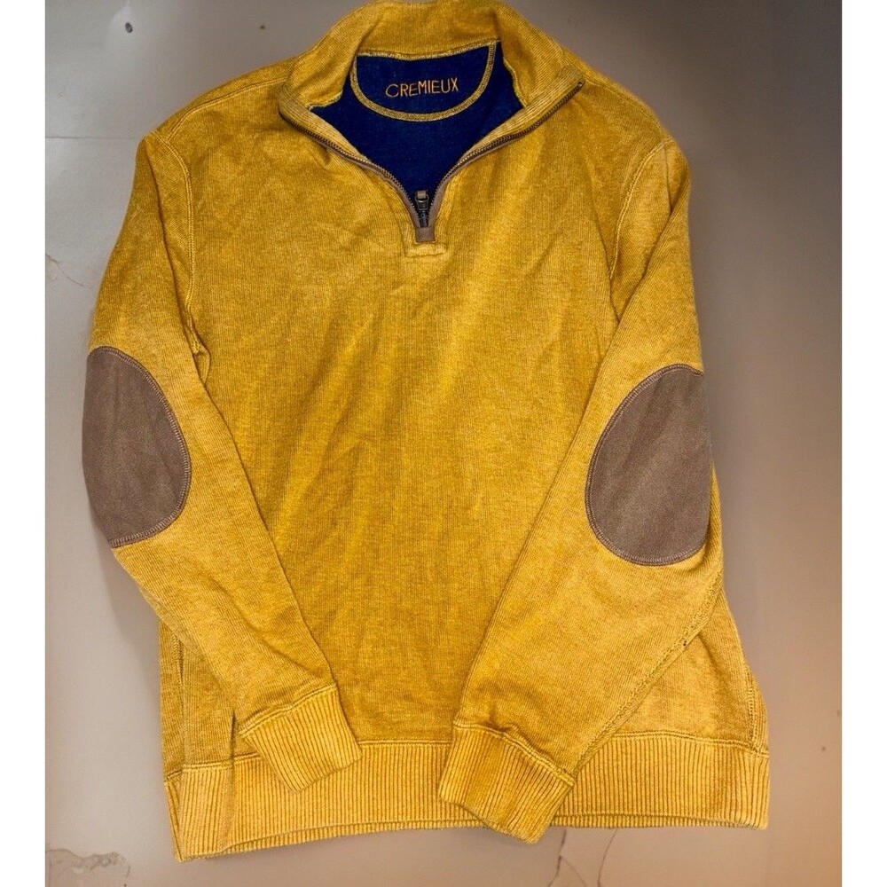 Cremieux Mustard and Brown Elbow Patch Professor Quarter Zip Sweater M Academia